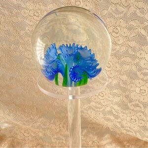 Handcrafted Glass Paperweight with Blue Floral Design